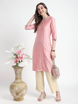 R&B - Women Pink Solid/Plain V-Neck Rayon Blend Kurta