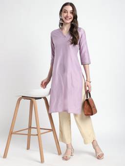 R&B - Women Lavender Solid/Plain V-Neck Rayon Blend Kurta
