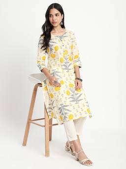 R&B - Women'S Off White Floral Round Neck Cotton Kurta