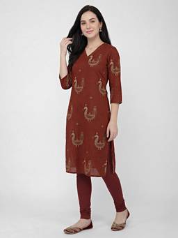 R&B - Women Brown Printed V-Neck Cotton Kurta