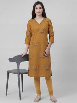R&B - Women Mustard Printed V-Neck Cotton Kurta