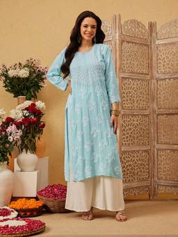 ADA - Hand Embroidered Blue Cotton Lucknowi Chikankari Kurta