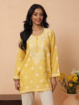 ADA - Hand Embroidered Lucknowi Chikankari Yellow Muslin Kurti