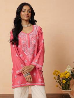ADA - Hand Embroidered Lucknowi Chikankari Carrot Pink Muslin Kurti