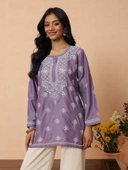 ADA - Hand Embroidered Lucknowi Chikankari Puprple Muslin Kurti
