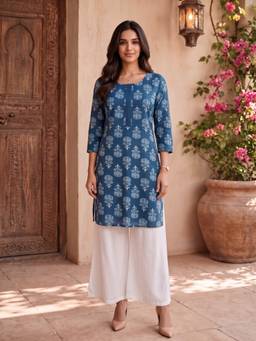 Rangita - Women Blue Cotton Printed Straight Kurta