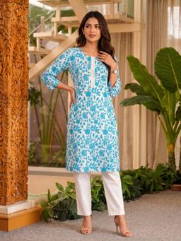 Rangita - Women Light Blue Cotton Printed Straight Kurta