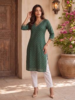 Rangita - Women Green Rayon Printed Straight Kurta