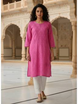 Khaka-The Chikankari Heritage - Women Baby Pink Brasso Embroidered Kurta