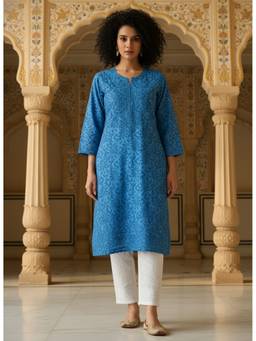 Khaka-The Chikankari Heritage - Women Blue Brasso Embroidered Kurta