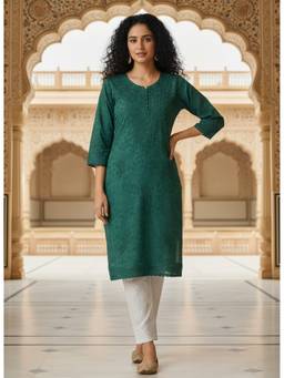Khaka-The Chikankari Heritage - Women Green Brasso Embroidered Kurta