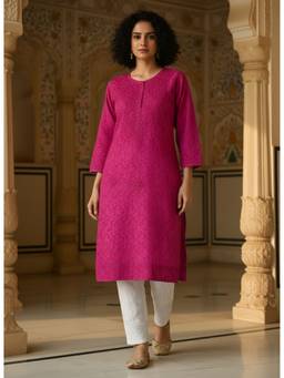 Khaka-The Chikankari Heritage - Women Pink Brasso Embroidered Kurta