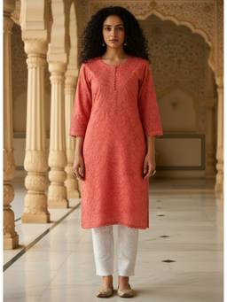 Khaka-The Chikankari Heritage - Women Orange Brasso Embroidered Kurta