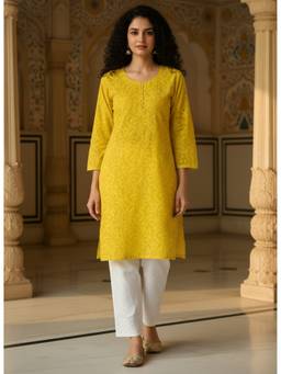 Khaka-The Chikankari Heritage - Women Yellow Brasso Embroidered Kurta