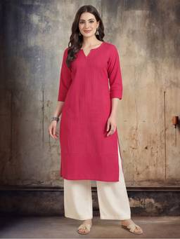 Jaipur Kurti - Pink Women Keyhole Solid Staright Three Fourth Sleeve Kurta