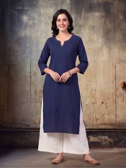 Jaipur Kurti - Navy Blue Women Keyhole Solid Staright Three Fourth Sleeve Kurta