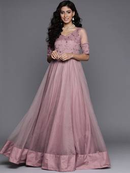 INDDUS - Lavender Women Floral Thread and Sequinned Embroidered Ethnic Dress