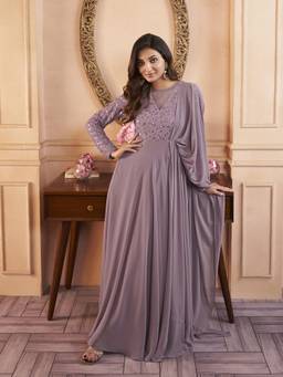 INDDUS - Lavender Women Floral Embroidered Elevated Maxi Dress