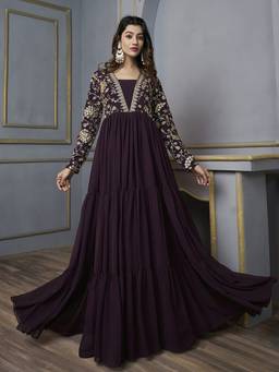 INDDUS - Wine Women Floral Sequins and Zari Embroidered Maxi Dress