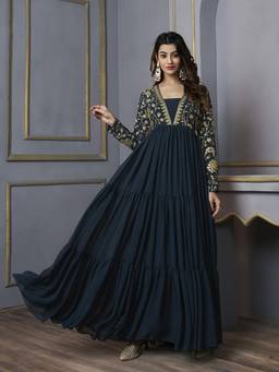 INDDUS - Teal Women Floral Sequins and Zari Embroidered Maxi Dress