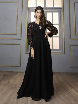 INDDUS - Black Women Floral Sequins Embroidered Fit and Flare Maxi Dress