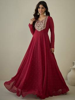 INDDUS - Maroon Women Floral Zari and Sequinned Embroidered Ethnic Dress