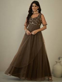 INDDUS - Green Women Net Floral Zari and Sequinned Embroidered Ethnic Dress