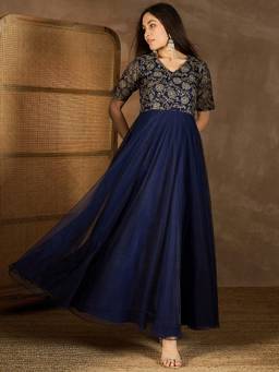 INDDUS - Navy Blue Women Floral Thread and Sequinned Emrbroidered Ethnic Dress