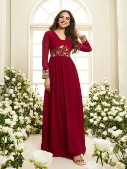 INDDUS - Maroon Women Floral Zari and Sequinned Embroideredethnic Dress