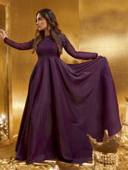 INDDUS - Wine Women Floral Thread Embroidered Ethnic Dress