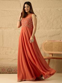 INDDUS - Rust Women Floral Zari and Sequinned Embroidered Ethnic Dress