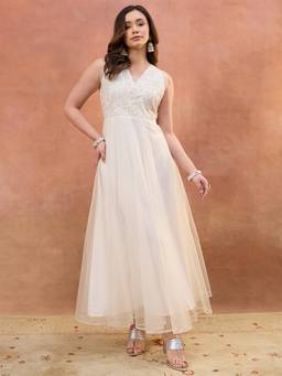 INDDUS - Off White Women Floral Thread Embroidered Ethnic Dress