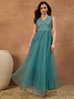 INDDUS - Teal Women Floral Thread Embroidered Ethnic Dress
