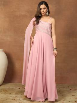 INDDUS - Pink Women Thread and Sequinned Embroidered Ethnic Dresses