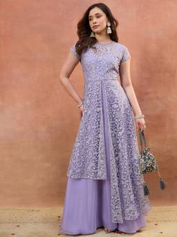 INDDUS - Lavender Women Floral Zari Embroidered Ethnic Dress