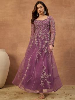 INDDUS - Purple Women Floral Zari Embroidered Ethnic Dress