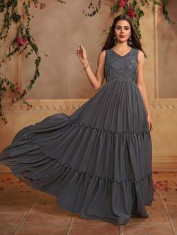 INDDUS - Grey Women Floral Embroidered Tiered Maxi Dress