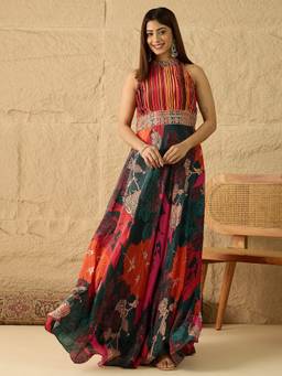 INDDUS - Multi-Color Women Floral Printed Embroidered Flared Ethnic Dress
