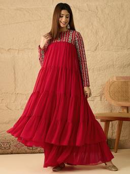 INDDUS - Red Women Floral Thread and Sequinned Embroidered Ethnic Dress