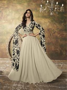 INDDUS - Beige Women Floral Printed Extended Sleeves Embroidered Border Dress