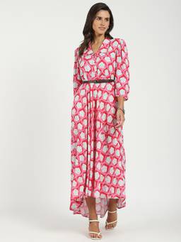 ME & I - Womens Pink Floral Print Collar Neck Maxi Fit and Flare Dress