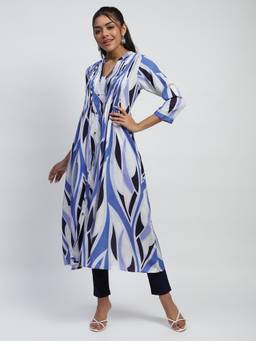 ME & I - Womens Blue Abstract Mandarin Neck Midi Dress for Women