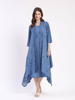 ME & I - Womens Blue Embroidered Midi Dress