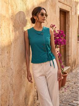 Vastara TheLabel - Women Teal Handloom Plain Organic Cotton Top