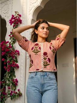 Vastara TheLabel - Women Peach Handloom Checks Organic Cotton Top