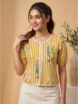 Vastara TheLabel - Women Mustard Handloom Stripes Organic Cotton Top