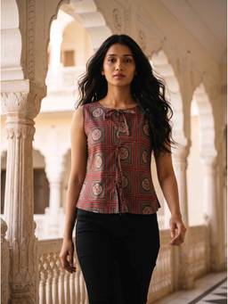 Vastara TheLabel - Women Geometric Grey Handloom Organic Cotton Top