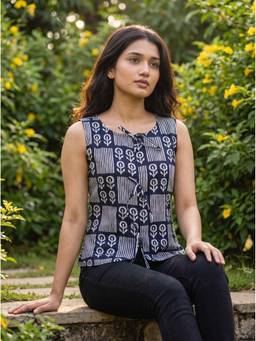 Vastara TheLabel - Women Printed Navy Blue Handloom Organic Cotton Top