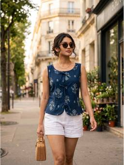 Vastara TheLabel - Women Floral Navy Blue Handloom Organic Cotton Top
