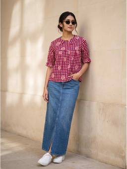Vastara TheLabel - Women Checks Maroon Handloom Organic Cotton Top